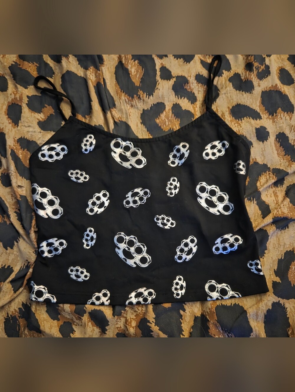 Dolls Kill Black Crop Top with Silver Brass Knuckle Print